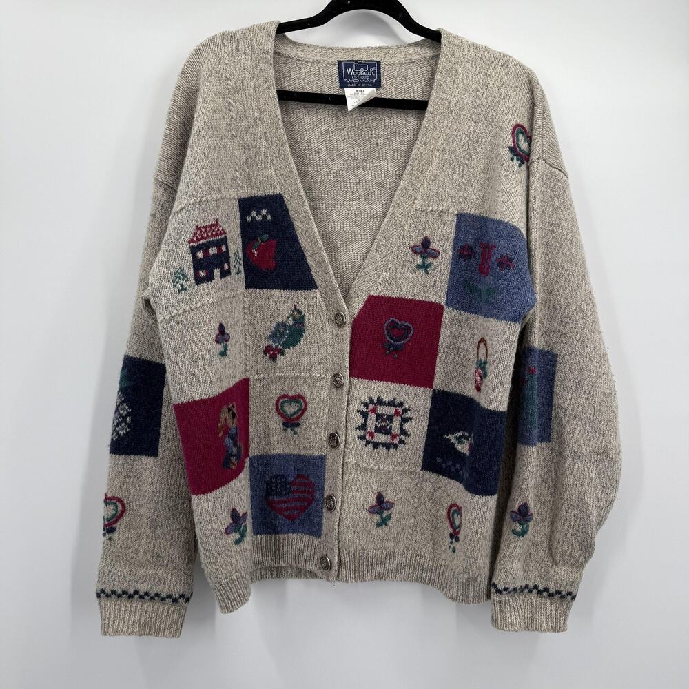 Woolrich‎ Cardigan Sweater Womens XL Oatmeal Wool Patchwork Quilt Hearts Granny